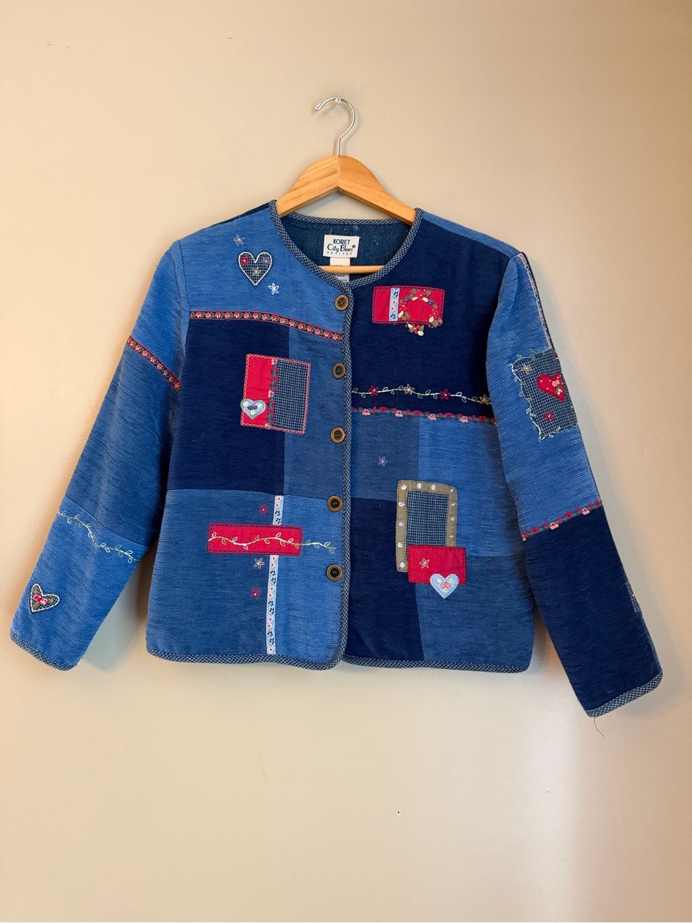 Vtg 90s Koret City Blues Womens Patchwork Embroidered Colorblock Jacket Blazer M
